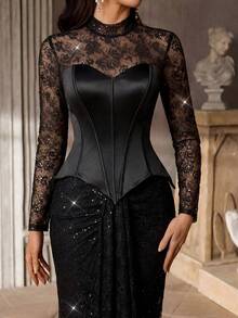 Glamrae Elegant Beaded Sequin Elastic Lace Embroidered Ruched Satin Sheer Sleeve Mermaid Dress,Luxurious Formal Gown For Weddings,Parties&Mother Of The Bride - Black - View 7