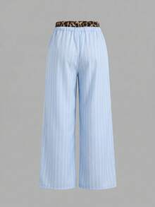 SHEIN Tween Girls' Loose Casual Contrast Trim Waist Wide Leg Pants, Comfortable Mothers Day Outfit Graduation - Blue and White - View 2