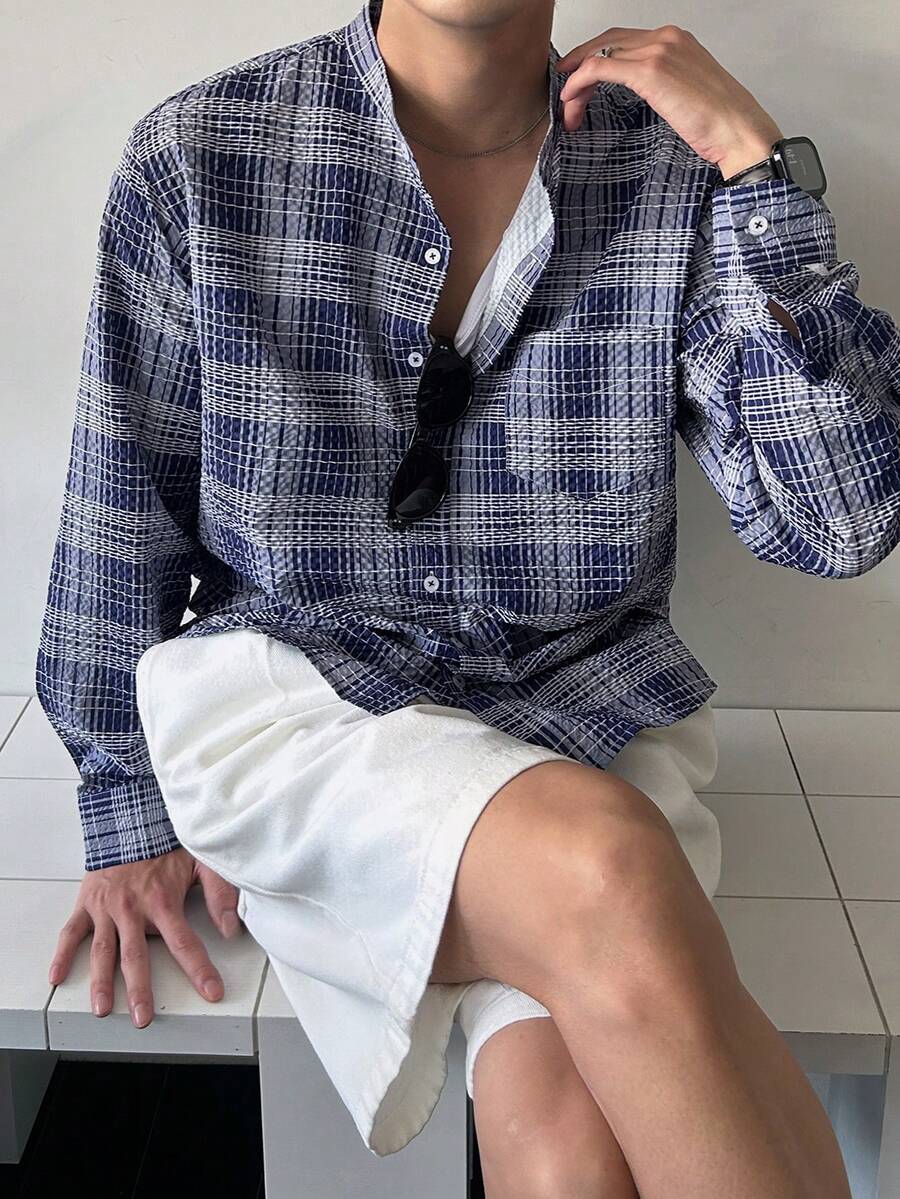 DAZY Camisas de manga larga con patrón de cuadros texturizados para hombres, primavera/verano - Multicolor - Ver 1