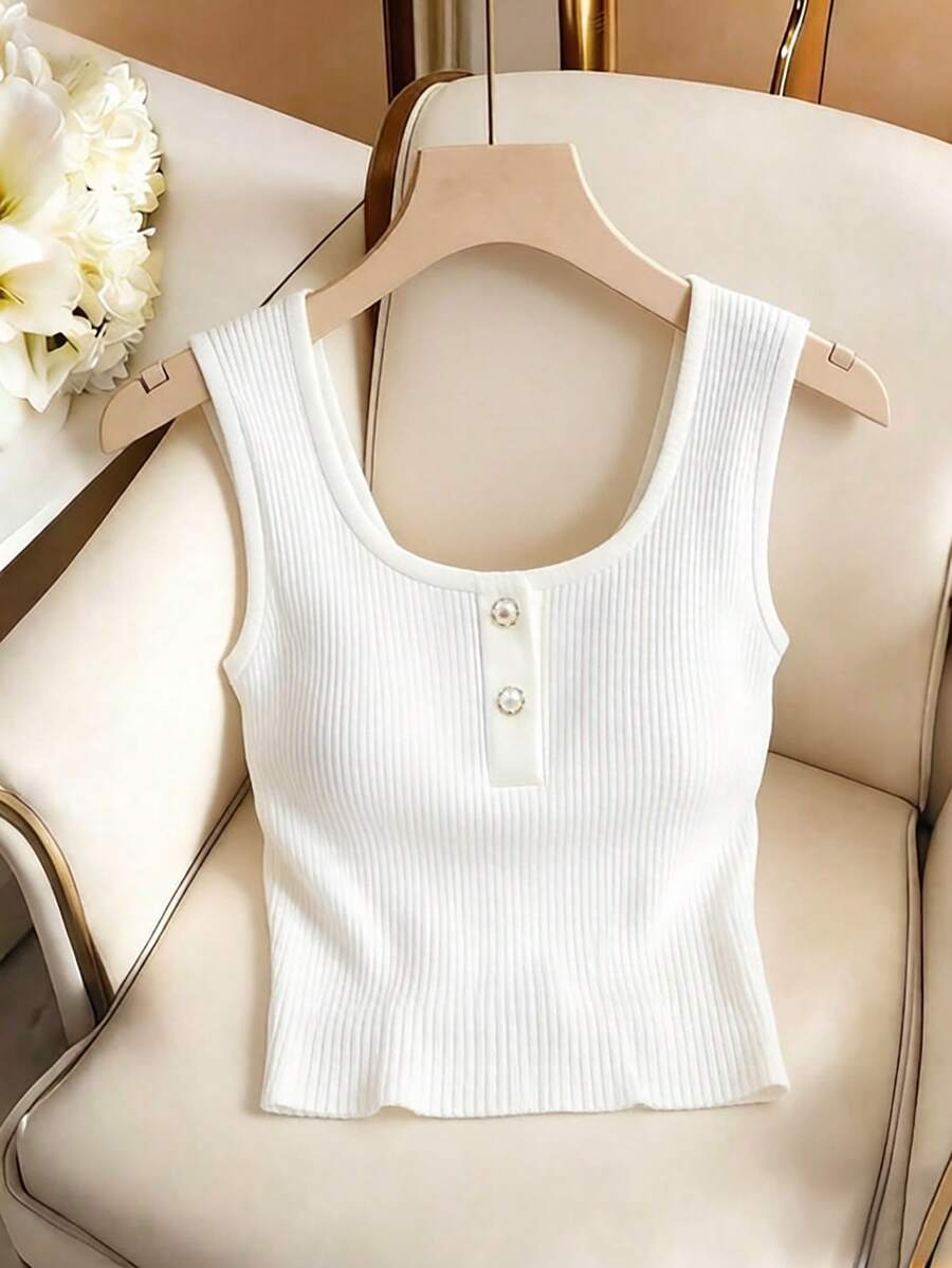 Franclia Camiseta de tirantes acanalada de ajuste ceñido con cuello cuadrado y botón, pieza versátil para capas, tops acanalados para mujer, tops de Body, tops lindos para damas, tops de verano lindos - Blanco - Ver 1