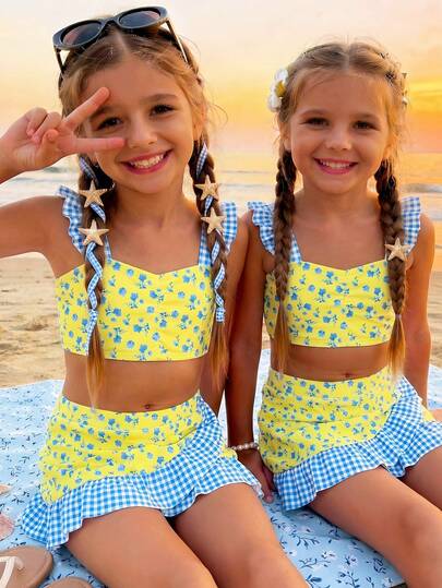 SHEIN Màu vàng chanh và xanh dương tươi mát, bảng màu tự nhiên, bộ đồ bơi họa tiết hoa ép, hoa dại phong cách Boho, bộ đồ bơi họa tiết thực vật cổ điển, bộ đồ bơi in họa tiết cho bé gái, viền bèo nhún, bộ 3 mảnh đồ bơi trẻ em, đồ bơi trẻ em, họa tiết in đồ họa
