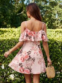 KARISMINA Women's Rose Pink Floral Print Ruffle Off-Shoulder Mini Dress, Summer Cottage Core Boho Elegant Cold Shoulder Holiday Vacation Outfit, Brunch Picnic - Pink - View 8