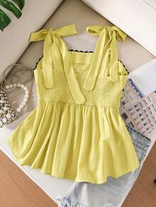 CosyJoli Áo camisole mùa hè cỡ lớn, kiểu dáng thường ngày, dệt kim, có dây đeo trang trí. - Vàng nhạt - Xem 2