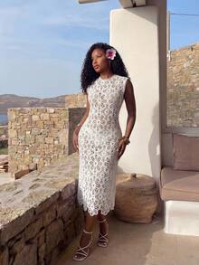 BamGleam Women's Casual Daily Wear Hollow Lace Design Long Blouse - White - View 4