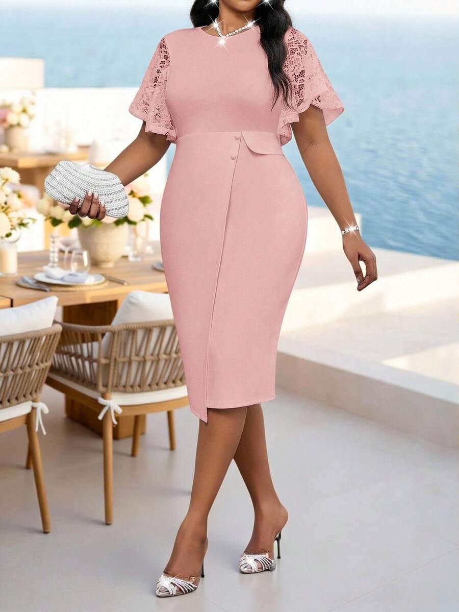SHEIN Lady Đầm công sở màu trắng dệt kim cổ tròn tay bồng phối ren tương phản, dáng midi tay ngắn, cỡ lớn, thích hợp cho mùa xuân và hè, trang phục thanh lịch cho nữ, đầm công sở cho quý cô, đầm dự tiệc trang trọng chất lượng cao, đầm dự tiệc tối, trang phục thanh lịch cho nữ, đầm dự đám cưới, đầm hồng tay ren cho nữ. - Hồng - Xem 1