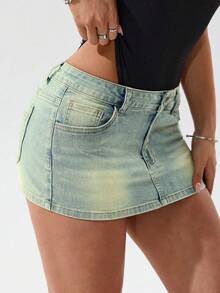 SHEIN PETITE 女式口袋设计修身休闲牛仔迷你裙 - 藍色 - 查看 6