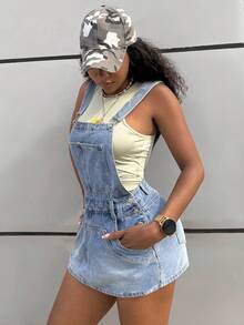 StreetHx 女士无弹力牛仔吊带迷你裙 - 藍色 - 查看 3