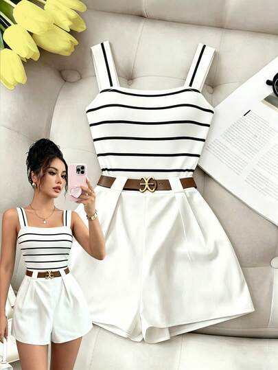 Elenzga 2026春夏新款法式优雅时尚设计棕色吊带方领修身上衣+白色高腰阔腿短裤两件套休闲度假女装