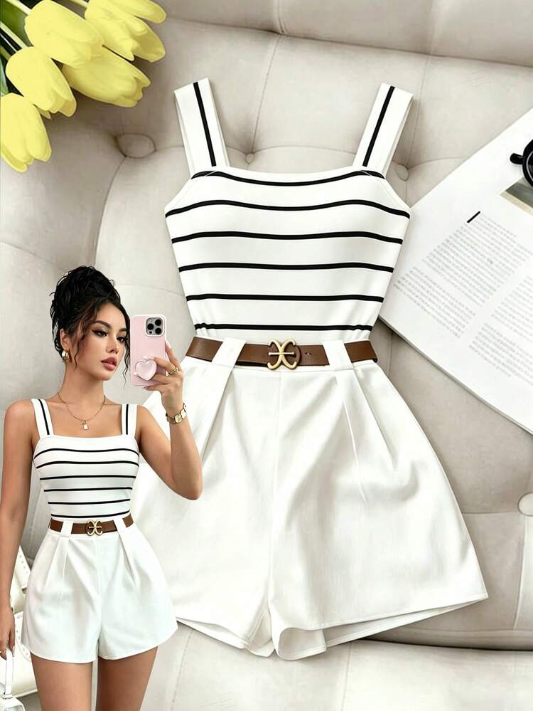 Elenzga Conjunto de 2 piezas de vacaciones casual para mujer, compuesto por top ajustado de escote cuadrado en color marrón y shorts de cintura alta de pierna ancha en color blanco, diseño elegante de moda francés de primavera/verano 2026 - Blanco y Negro - Añade 1
