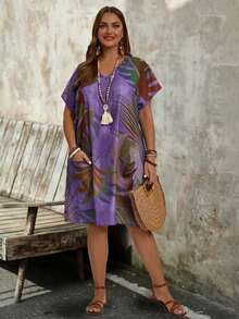 EMERY ROSE Plus Size Women's Purple Summer Boho Beach Holiday Dress,V-Neck Loose Printed Kaftans With Double Pocket,Fashionable Bohemian Spring Vacation Outfits - Purple - View 3