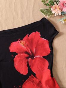 Tween Mädchen Teenager Off-Shoulder Kurzarm T-Shirt, ein hautfreundliches und bequemes Top für den Sommer. Mit einem schwarzen Blume Muster-Design, hat es einen taillenformenden Effekt, um die Figur zu verschlanken und ist ein vielseitiger Stil. Es ist ein lässiges, modisches T-Shirt für ältere und mittlere Kinder, ein stilvoller Off-Shoulder Kurzarm für Kinder, bequem für den täglichen Schulbesuch und Ausflüge. - Schwarz - Übersicht 5