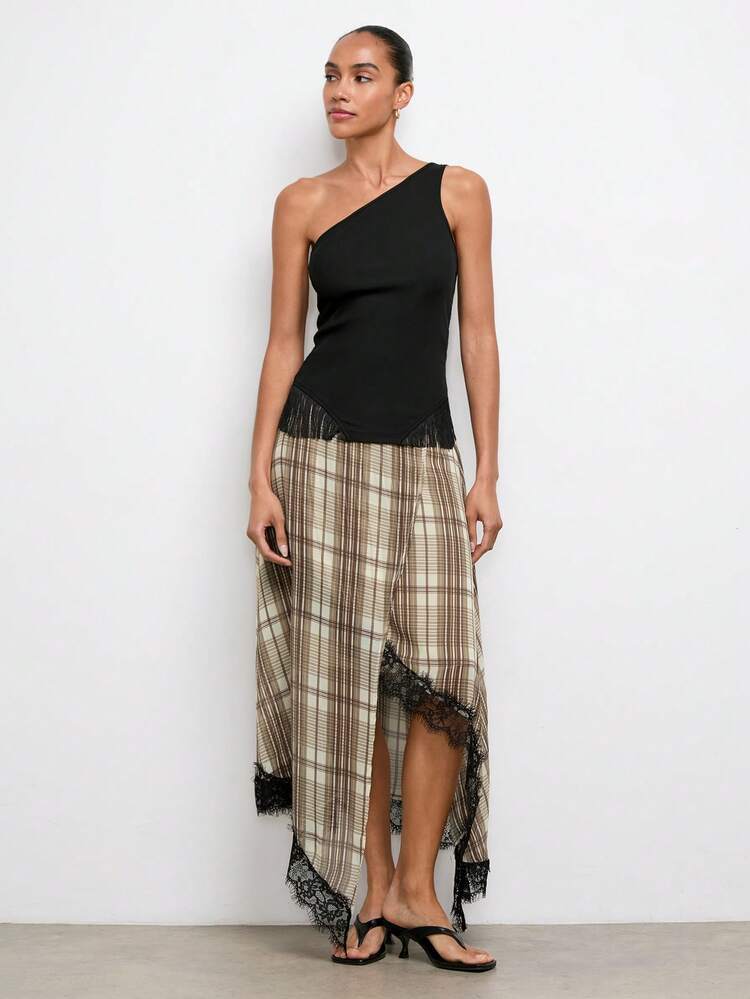 SHEIN Maija Women's Plaid Lace Patchwork Casual Versatile Date Night Skirt,Holiday Outfits For Women