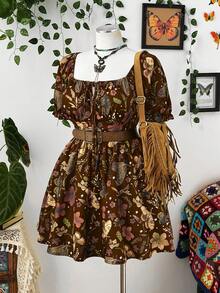 Sunspun Đầm nữ cỡ lớn thanh lịch phong cách retro màu đen in hoa, kiểu bohemian, cổ tròn, dáng chữ A, tay ngắn, viền bèo nhún, thích hợp cho đi chơi hàng ngày, đi học, nghỉ mát, mùa xuân, hè, thu, hoạt động ngoài trời, công sở, Lễ Tạ ơn, ngày lễ, tiệc sinh nhật, lễ hội âm nhạc, Ngày Valentine. - màu nâu - Xem 5