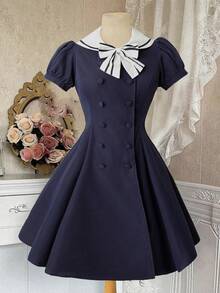 Sweetra 大码撞色翻领蝴蝶结腰身A字短袖连衣裙 - 彩色 - 查看 1