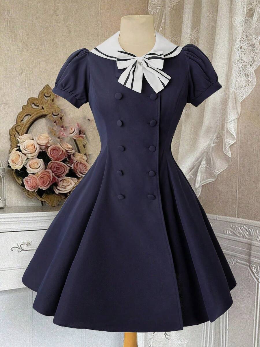 Sweetra 大码撞色翻领蝴蝶结腰身A字短袖连衣裙 - 彩色 - 查看 1