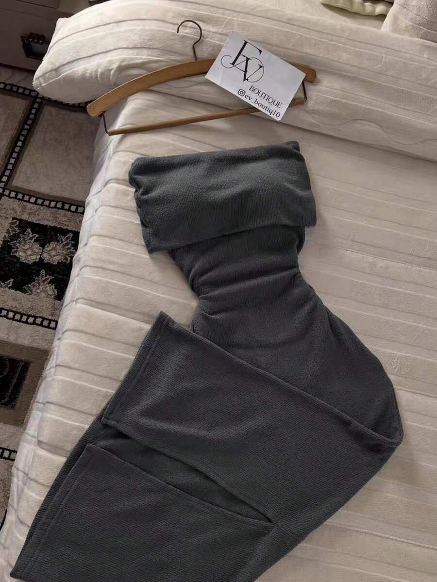 Resyla 女士优雅褶裥露背开衩修身抹胸连衣裙 - 深灰色 - 查看 1