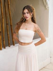 Ananda Vibes Women's Mesh Solid Color Fashionable Cropped Bustier And Maxi Skirt 2-Piece Set Summer ,Petite Women - Apricot - View 3