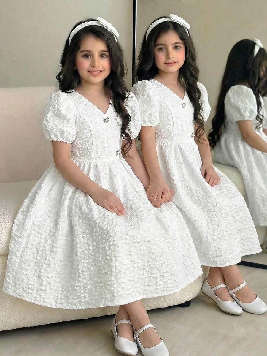 SHEIN Đầm chữ A màu trắng thanh lịch dành cho bé gái tuổi teen, chất liệu jacquard, cổ chữ V, tay áo xếp nếp, eo thon. - trắng - Xem 1