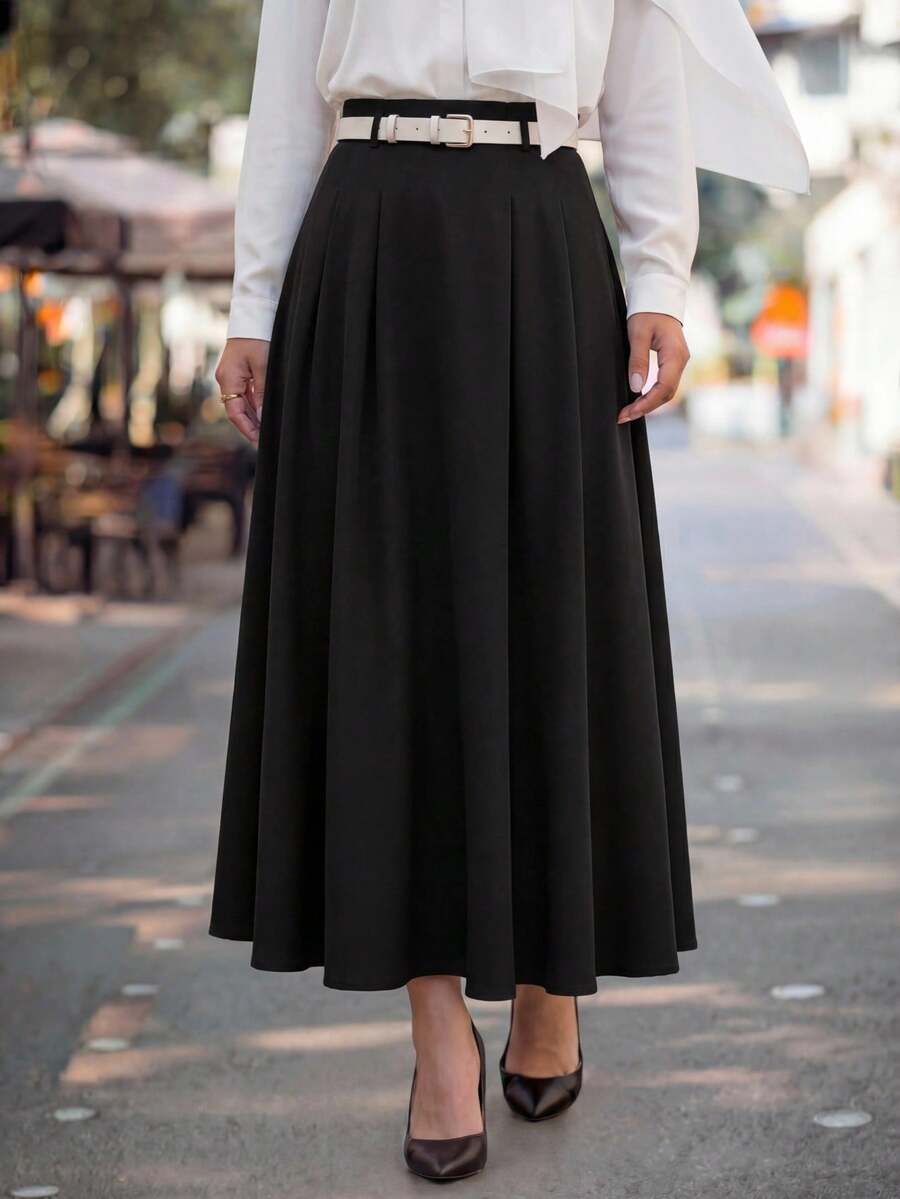 Calvaya 休闲和办公室通勤皮革腰带中长裙，夏季 - 黑色 - 查看 1