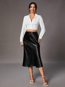 SHEIN Tall High Waist Elegant Satin Skirt - Black - View 3