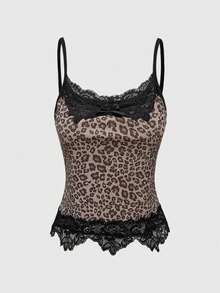 ROMWE Grunge Punk Sexy Leopard Print Lace Trim Vintage Plus Size Camisole - Black - View 1