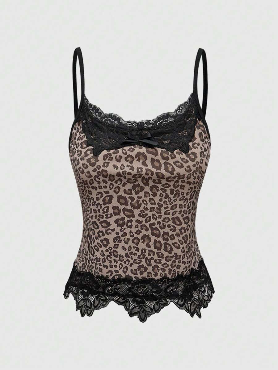 ROMWE Grunge Punk Sexy Leopard Print Lace Trim Vintage Plus Size Camisole - Black - View 1