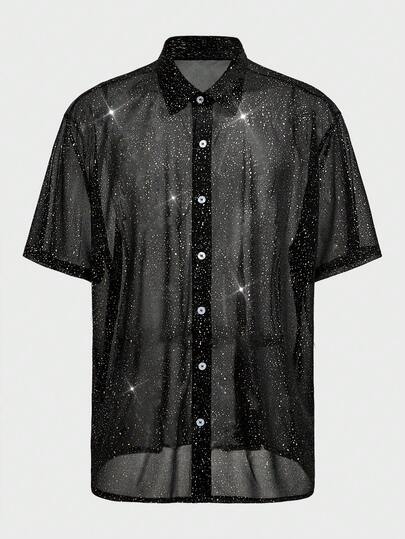 EASEVO Plus Size Crinkle Foil Print Short Sleeve Shirt