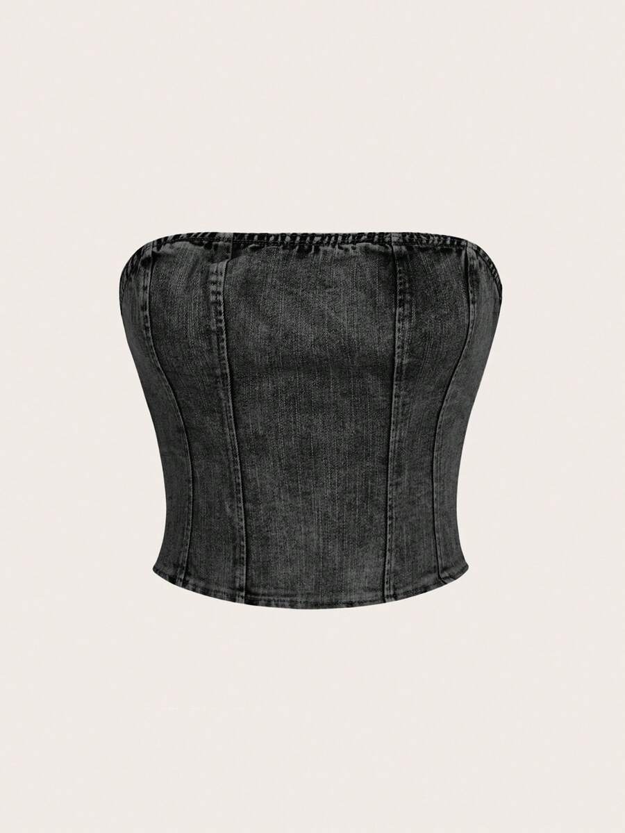 SHEIN MOD 女士时尚牛仔抹胸上衣 - 黑色 - 查看 1