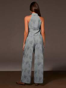 Athîral Bộ đồ nữ thường ngày gồm áo không tay dáng bất đối xứng dệt kim và quần ống rộng, thích hợp cho mùa xuân/hè. - Màu xanh nhạt - Xem 5