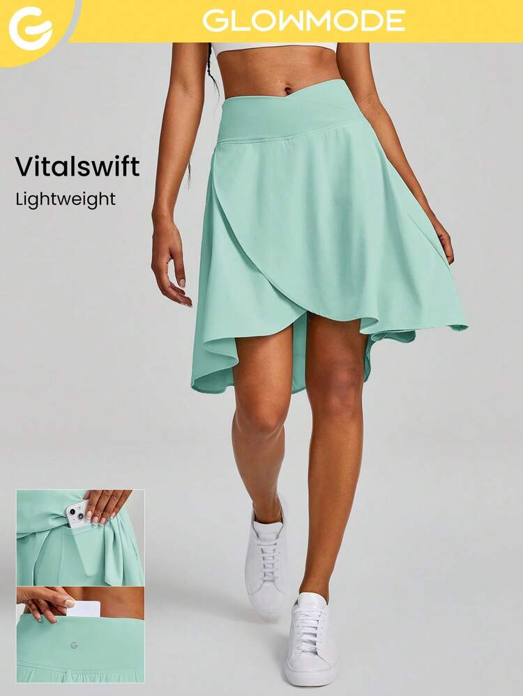 Falda cruzada con bolsillo y dobladillo alto-bajo VitalSwift con pantalón corto incorporado, soporte ligero de impacto bajo para uso casual diario