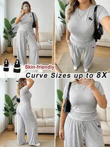 SHEIN CURVE+ Bộ đồ nữ cỡ lớn 2 món, kiểu dáng thường ngày, thêu logo nhỏ, màu xám, thích hợp cho mùa xuân/hè. - Màu Xám nhạt - Xem 1