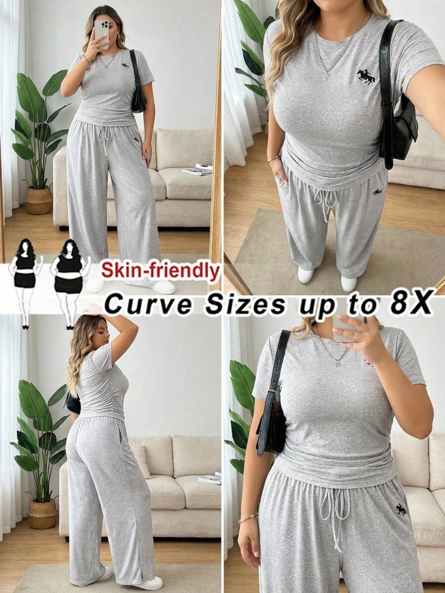SHEIN CURVE+ Bộ đồ nữ cỡ lớn 2 món, kiểu dáng thường ngày, thêu logo nhỏ, màu xám, thích hợp cho mùa xuân/hè. - Màu Xám nhạt - Xem 1
