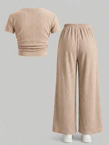SHEIN 少女纯棕色纹理针织侧褶短袖修身T恤和阔腿裤休闲两件套 - 卡其色 - 查看 2