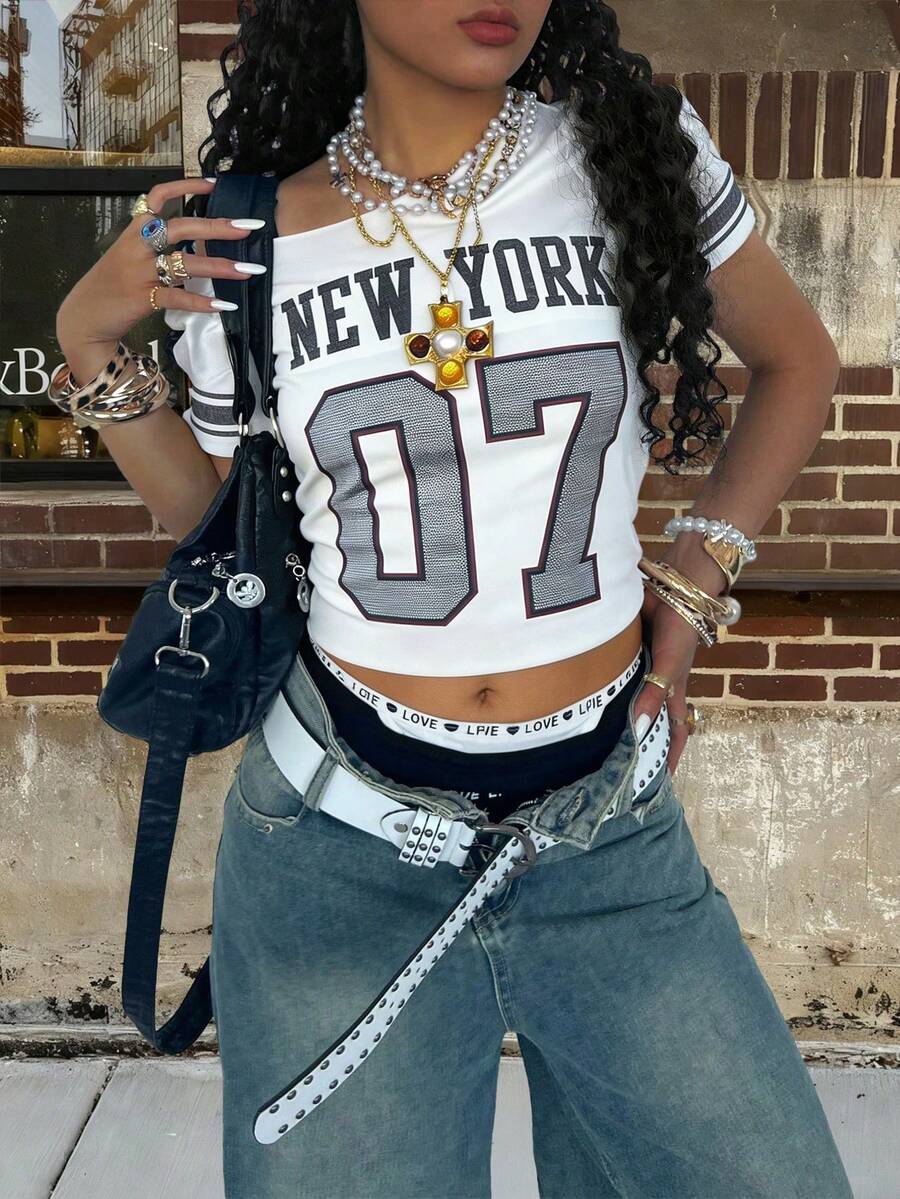 Rovax Asymmetric Collar Letter & Striped Print Short Sleeve T-Shirt - Multicolor - View 1