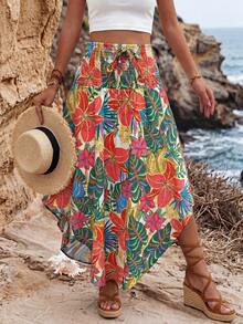SHEIN Holidaya French Style Tropical Floral Irregular Skirt With Elastic Drawstring Waist - Green - View 1