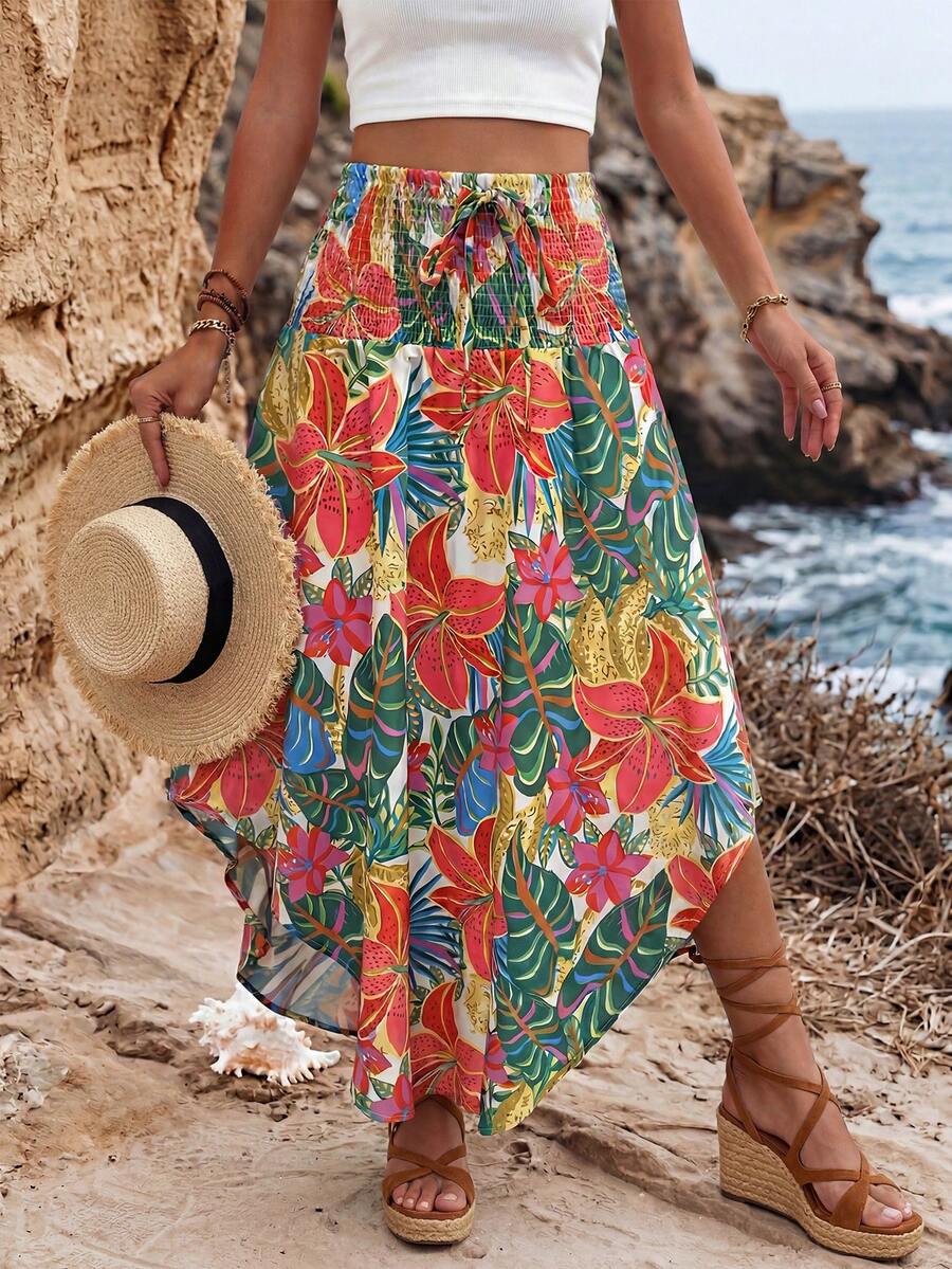SHEIN Holidaya French Style Tropical Floral Irregular Skirt With Elastic Drawstring Waist - Green - View 1