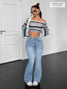 SHEIN PETITE Women's Casual Washed Flared Jeans With Slant Pockets, Autumn - Blue - View 6