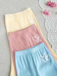 SHEIN 3 paquets Pantalon bébé fille décontracté de base en tricot côtelé avec imprimé cœur double. Jambes évasées, coupe slim, doux et épais. Pantalon, legging, bas de survêtement pour la vie quotidienne, l'école, les fêtes, le printemps, l'été, l'automne et l'hiver. - Multicolore - Voir 4