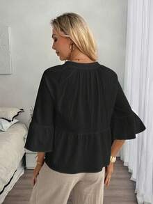 Louniche Blusa de lino de unicolor con cuello en V y cordón con flecos para mujer, ideal para vacaciones - Negro - Ver 2