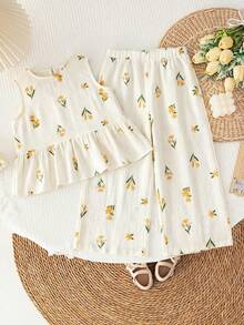 SHEIN LMoss Kids 女童纯色针织宽松休闲圆领上衣和裤子套装，夏季 - 白色 - 查看 3