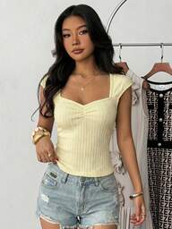 Teen Girl Solid Yellow Textured Knit Fabric Ruched Bust Sweet Cute Shrug T-Shirt,Summer Casual Holiday,Back-To-School Everyday Wear Outdoor Picnic