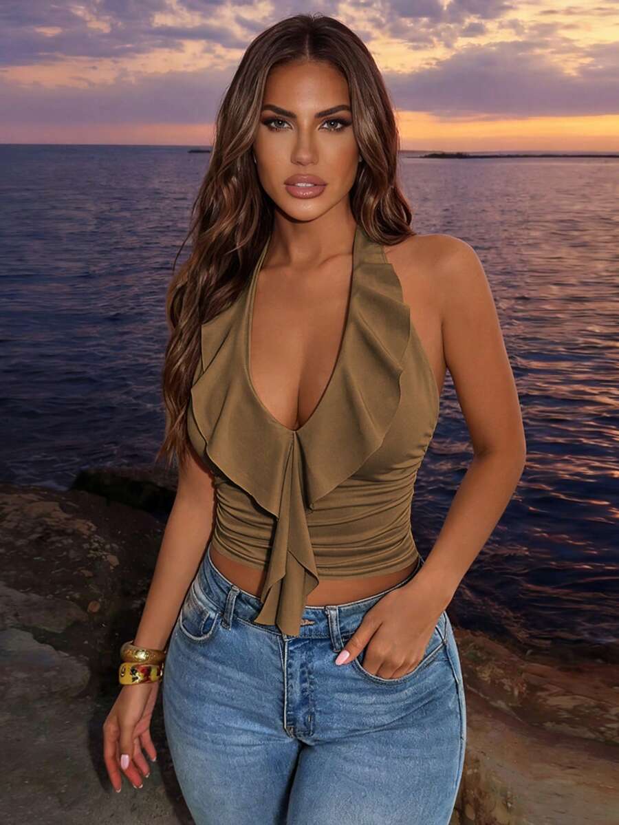 Allurite 女士深V领系带纯色吊带上衣 - 咖啡棕 - 查看 1