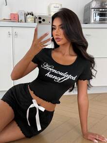 ZzzCrew Letter Print U-Neck Contrast Color Lace Backless Short Sleeve Shorts Pajama Set - Black - View 1