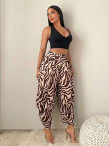 SHEIN SXY Pantalones harem con diseño de botones en la cintura y estampado de cebra para mujer - Multicolor - Ver 3