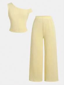 Firerie Kids Firerie Kids Girls' Textured Asymmetrical Shoulder Pale Yellow Lemon Soft Tank Top And Wide Leg Long Pants Set, Comfortable Versatile Casual Sports Outfit For Spring And Summer, Tween Girl - Multicolor - View 6
