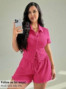 Auralis Plus Size Summertwo-Piece Set,Summer Sets Two Pieces Shorts,Back To School Clothes Tween Girl ,Women Concert Outfit Y2k Pieces,Lounge For Vacation - Hot Pink - View 1