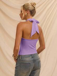 Avantive Top d'été décoré de métal à encolure ras-du-cou pour femmes, vêtements d'été blancs, hauts mexicains aux épaules dénudées pour femmes - Mauve - Voir 3