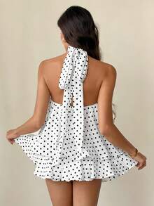 SHEIN Tall Women's Elegant Polka Dot Print Halter Backless Mini Dress,Summer Dresses For Women - Multicolor - View 2