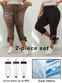 SHEIN CURVE+ 2 chiếc quần lửng cạp cao co giãn họa tiết da báo dành cho nữ cỡ lớn (có nơ trang trí) và quần lửng màu đen (có nơ trang trí) - Nhiều màu - Xem 9