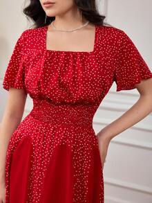 Modelyn Polka Dot Patchwork Chiffon Long Sleeve Waist Flare Midi Dress For Women - Red - View 7